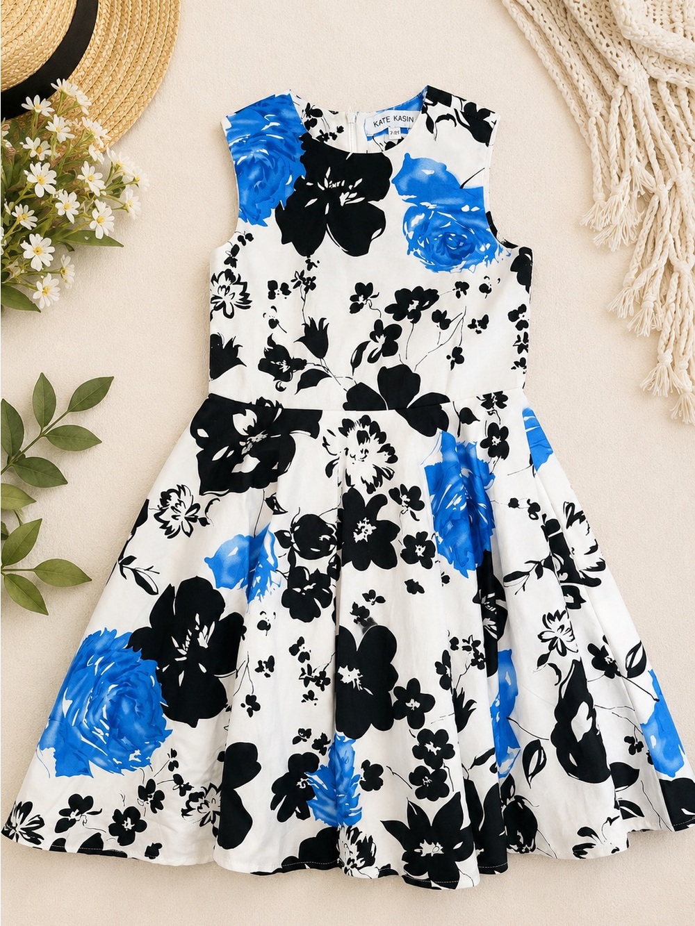 Kate Kasin Girls Size 7-8 Floral Fit & Flare Dress Blue Black White